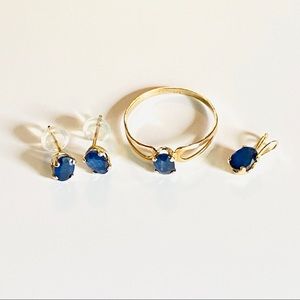Sapphire & 14K Gold Earrings, Ring, Pendant Set